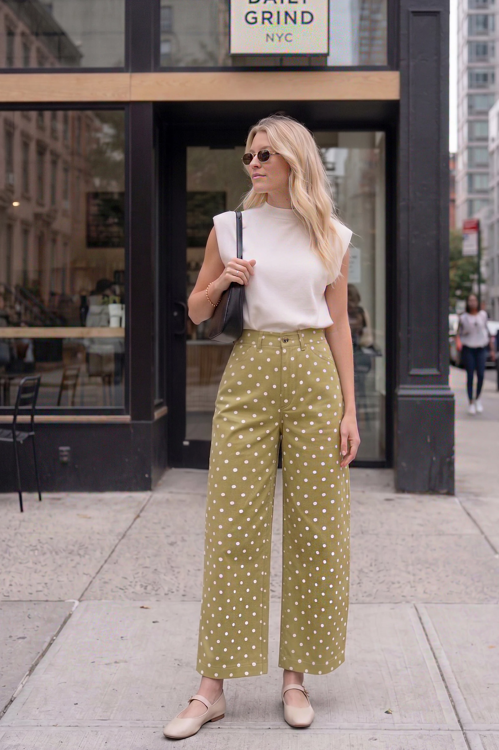 Pantalones casuales y talle alto de pierna ancha con lunares